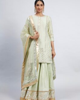 Mint Green Chanderi Silk Kurta And Garara Set With Organza Dupatta
