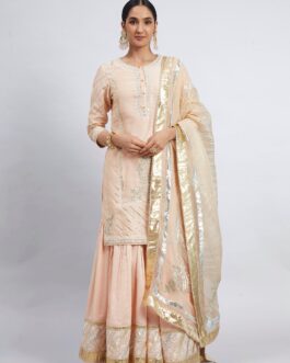 Peach Chanderi Silk Kurta And Garara Set With Organza Dupatta