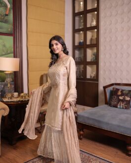 Gold Tissue Gota Patti Suit set with Pearl, Gota and Zardozi work