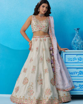 Women Limegreen Tissue Sequinned And Zari Embroidered Lehenga And Blouse With Dupatta