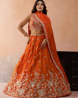 Women Orange Tissue Sequinned With Zari Embroidered Lehenga?And Blouse With Dupatta