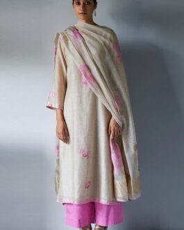 Beige and Pink Woven Kurta Suit Set With Delicate Hand Work Detailing