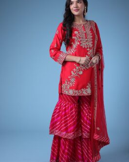 Embroidered Leheriya Silk Suit with Gota Patti and Zardozi work.