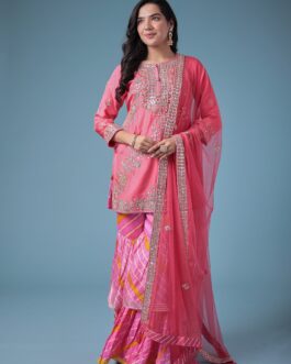 Embroidered Leheriya Silk Suit with Gota Patti and Zardozi work.