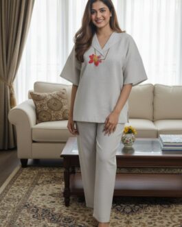 Blush Bloom Hand-Embroidered Night Suit