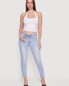 Three Button Frayed Waistband Rolled Cuff Skinny Jeans