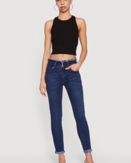 Three Button Frayed Waistband Rolled Cuff Skinny Jeans