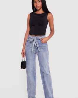 High Waisted Tie Waist Belted Little Wish Jeans