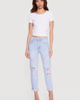 Distressed Straight Leg Roll Cuff Jeans