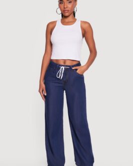 Little Wish Drawstring Mid Rise Wide Leg Jeans