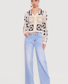 Crochet Bell Sleeve Color Blocked Blouse