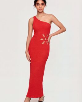 Textured Knit Flower Cutout One Shoulder Dress