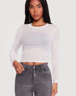 Long Sleeve Rhinestone Mesh Crop Top