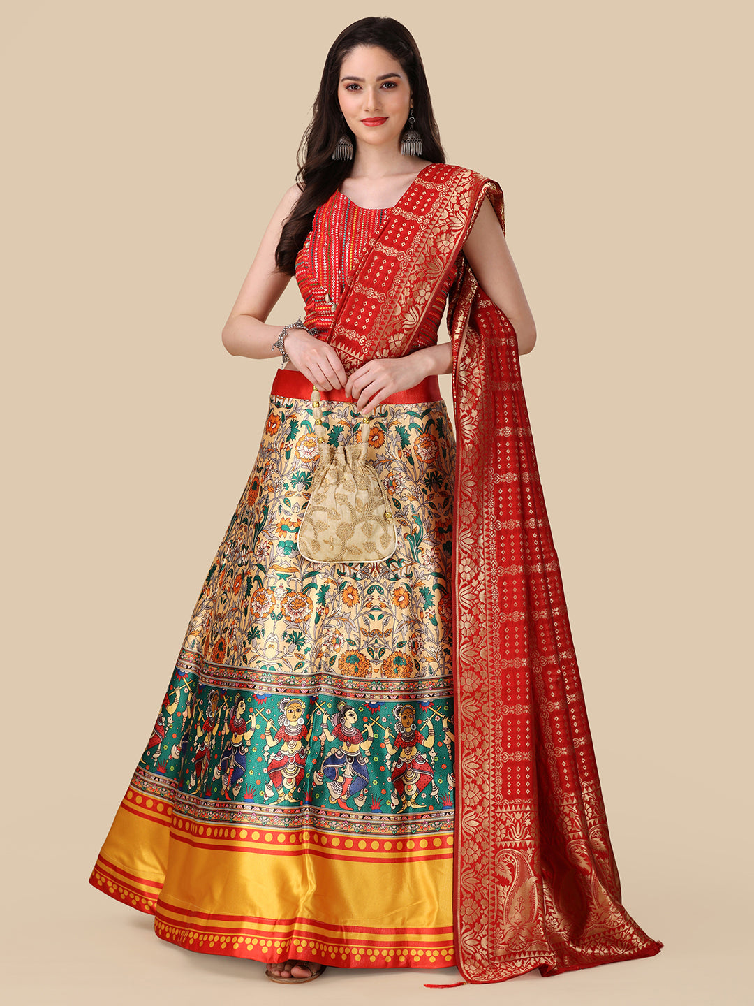 Women Red Satin Shiney Lehenga Set