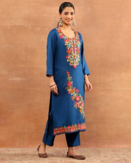 Little Wish Wool Aari Embroidered Solid Women's Long Kurta Set-Dark Teal