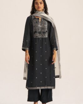 Black and Off White Woven Linen Salwar Suit