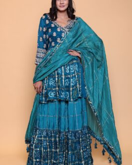 Bandhej ghatchola peplum kurta with skirt and zardozi embroidery.