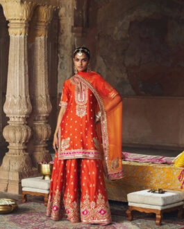 Burnt Orange Short Kurta With Sharara And Dupatta