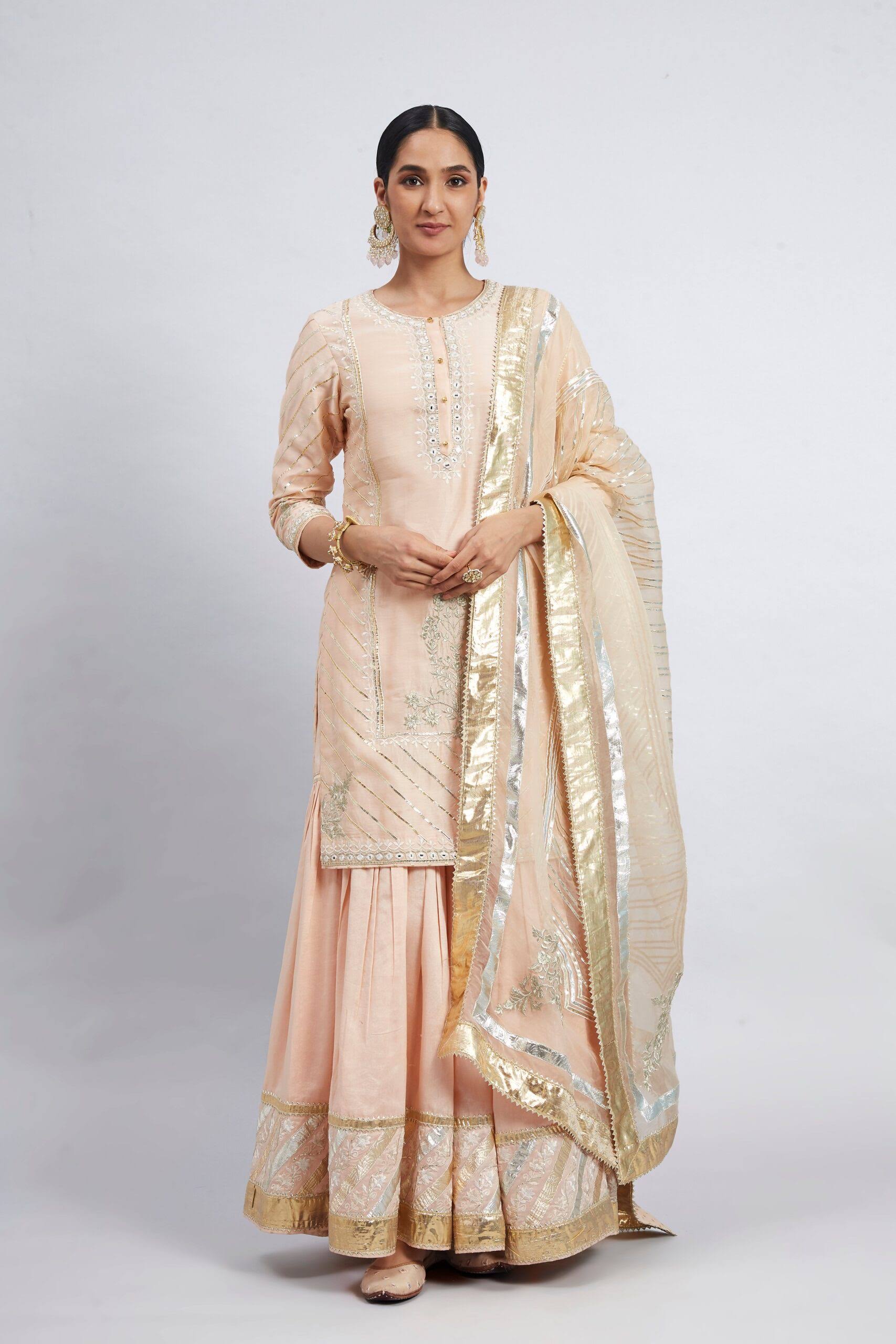 Peach Chanderi Silk Kurta And Garara Set With Organza Dupatta