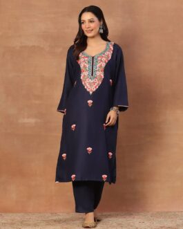 Little Wish Wool Aari Embroidered Solid Women's 2 PC Long Kurta Set-Navy