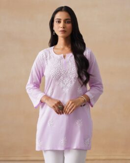 Little Wish Cotton Chikankari Solid Women's Short Kurta - Lavender