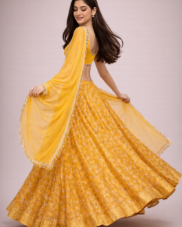 Women Yellow Silk Bandhani Lehenga Set