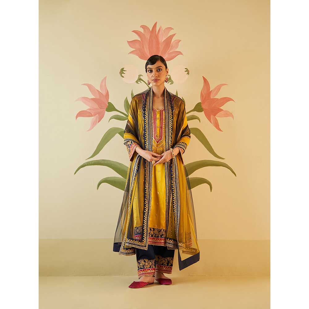 Little Wish Mustard Satin Kurta with Pant and Dupatta (Set of 3)