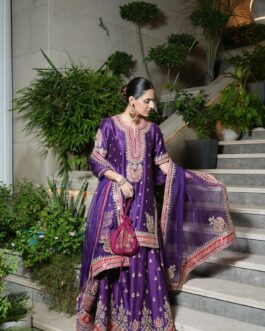Deep Purple Short Kurta With Sharara And Dupatta