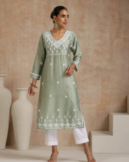 Little Wish Chanderi Chikankari Solid Women's Long Kurta - Green