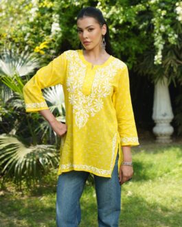 Little Wish Cotton Chikankari Printed Straight Women's Short Kurta-Yellow