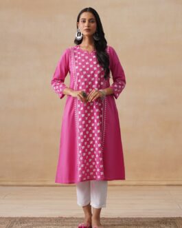 Little Wish Cambric Chikankari Solid A-Line Women's Long Kurta-Fuschia