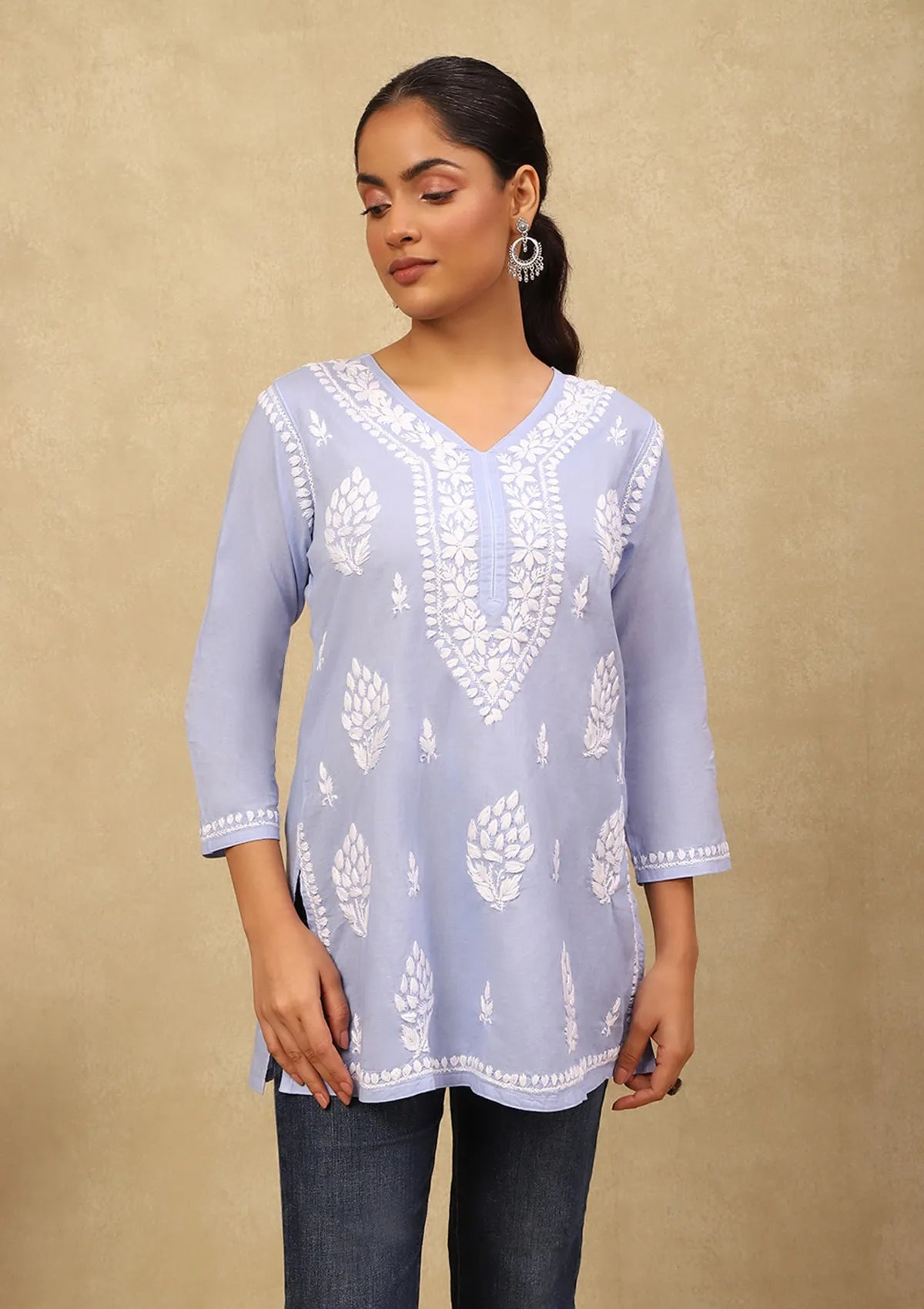 Cotton Chikankari Solid Women's Short Kurta - Blue
