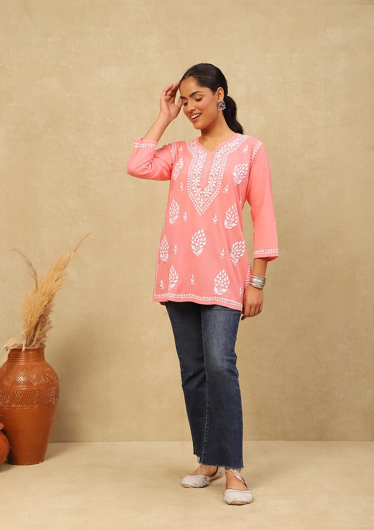 Little Wish Cotton Chikankari Solid Women's Short Kurta - Peach