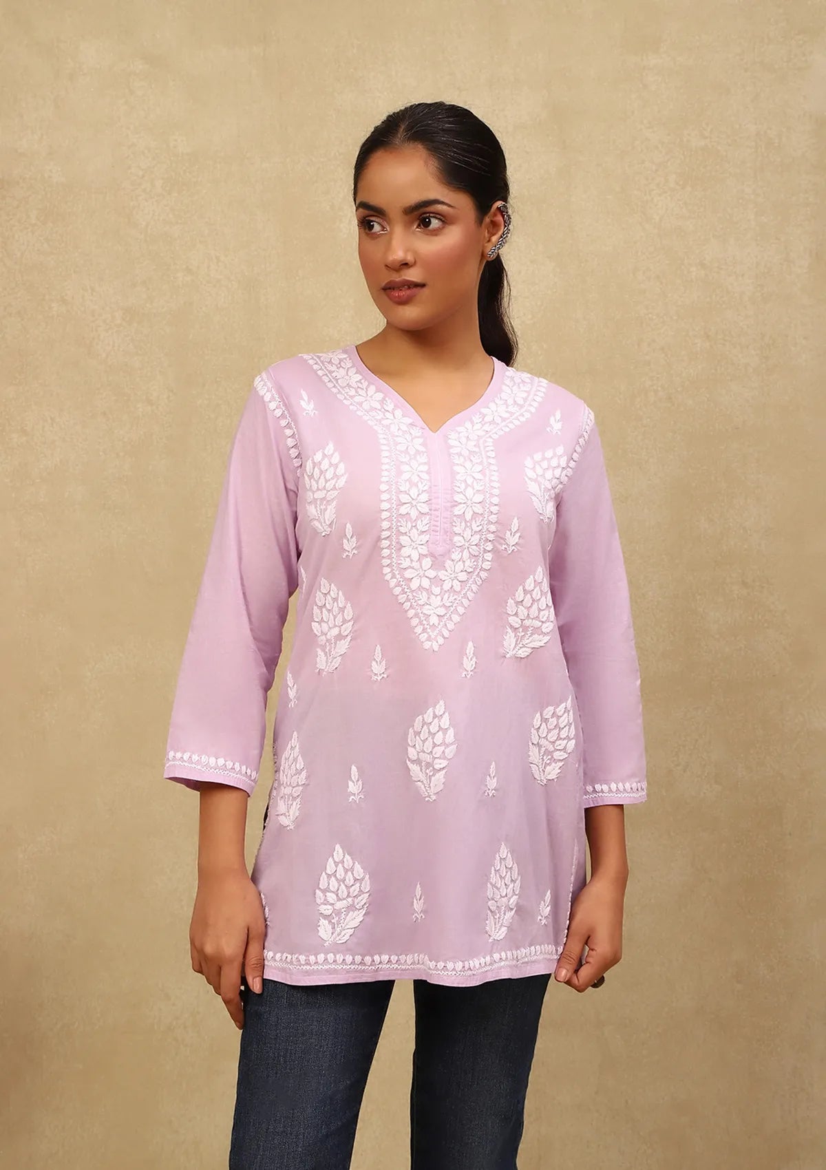 Little Wish Cotton Chikankari Solid Women's Short Kurta - Purple