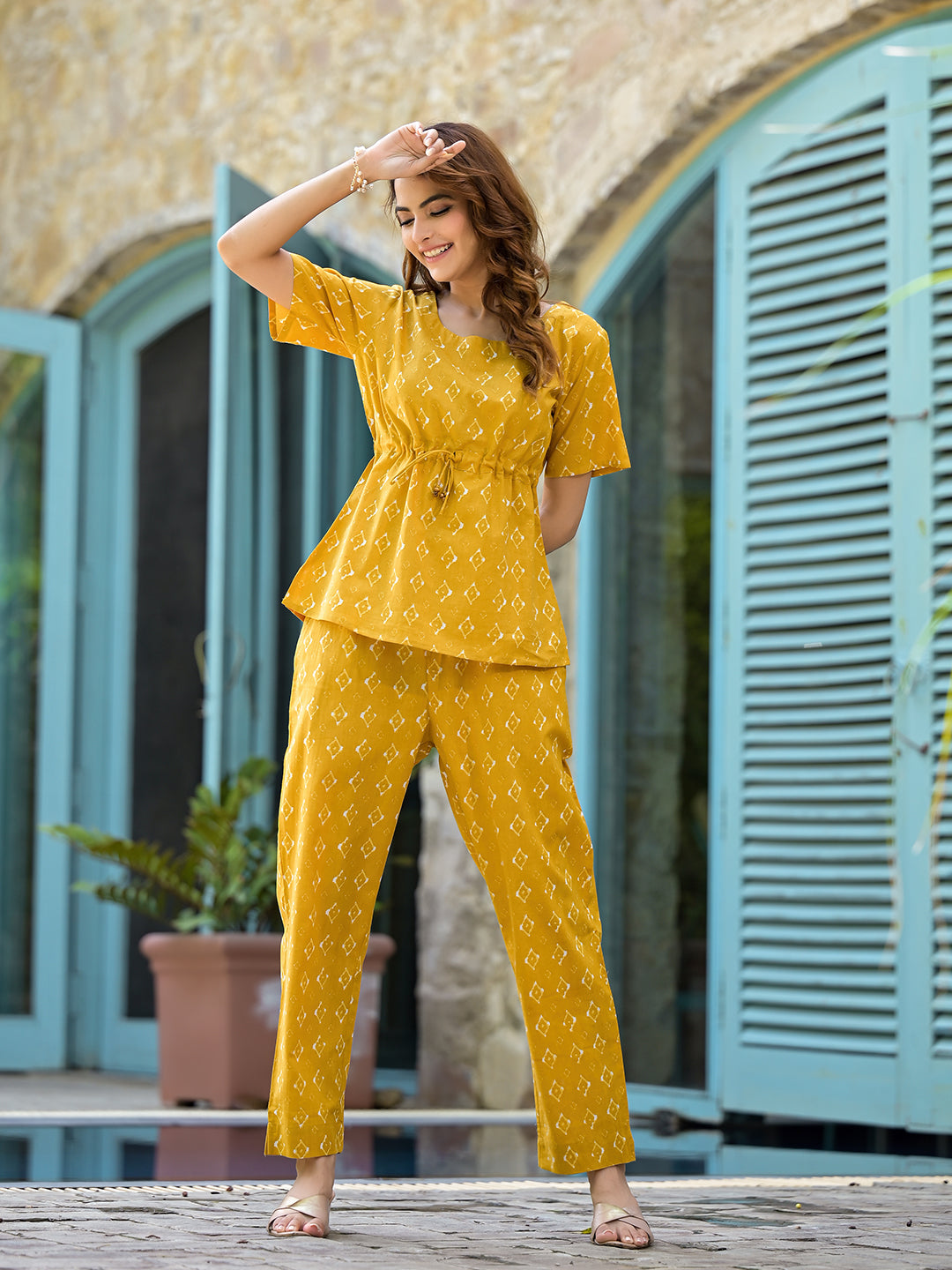 Little Wish Mustard Cotton A-line Night Suit with Adjustable Waist Dori