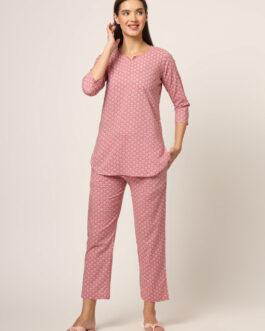 Little Wish Pink Floral Print Cotton Regular Fit Night Suit