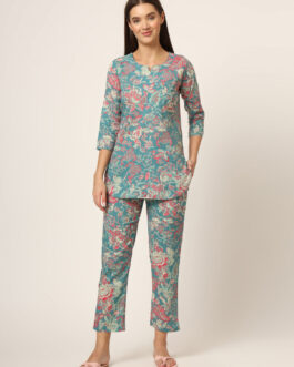 Little Wish Green Floral Print Cotton Regular Fit Night Suit