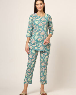 Little Wish Green Floral Print Cotton Regular Fit Night Suit