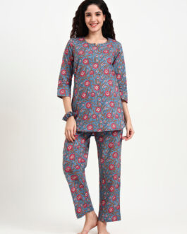 Little Wish Blue Floral Print Cotton Night Suit