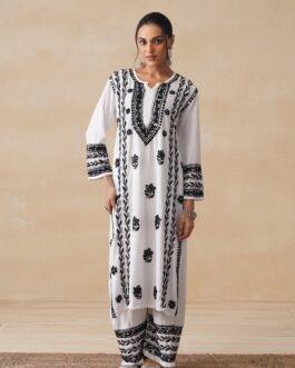Little Wish Rayon Chikankari Solid Women's 2 PC Long Kurta Set - White