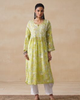 Little Wish Mulmul Chikankari Printed Women's Long Kurta - Light Green