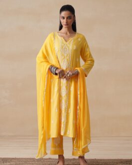 Little Wish Rayon Chikankari Solid Women's 3 PC Long Kurta Set - Yellow