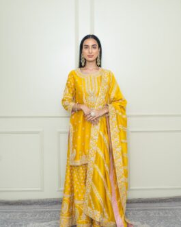 Glaze Mustard Straight Kurta With Sharara And Odhni