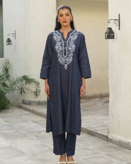 Little Wish Chambray Denim Chikankari Solid Women's Long Kurta Set - Dark Blue