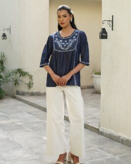 Little Wish Chambray Denim Chikankari Solid Women's Top With Ladder Lace Work - Dark Blue