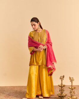 Silk Velvet Heirloom Mustard Kurta With Sharara And Dupatta