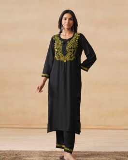 Little Wish Rayon Rubaab Chikankari Solid Women's 2 PC Long Kurta Set - Black