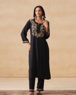Little Wish Rayon Rubaab Chikankari Solid Women's 2 PC Long Kurta Set - Black