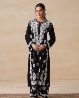Little Wish Rayon Chikankari Solid Women's 2 PC Long Kurta Set - Black