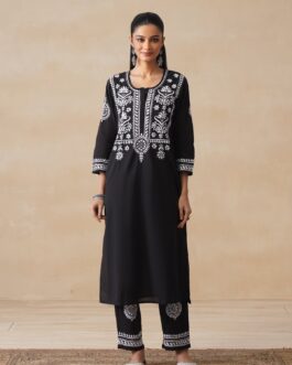 Little Wish Soha Chikankari Cotton Straight Kurta Set - Black